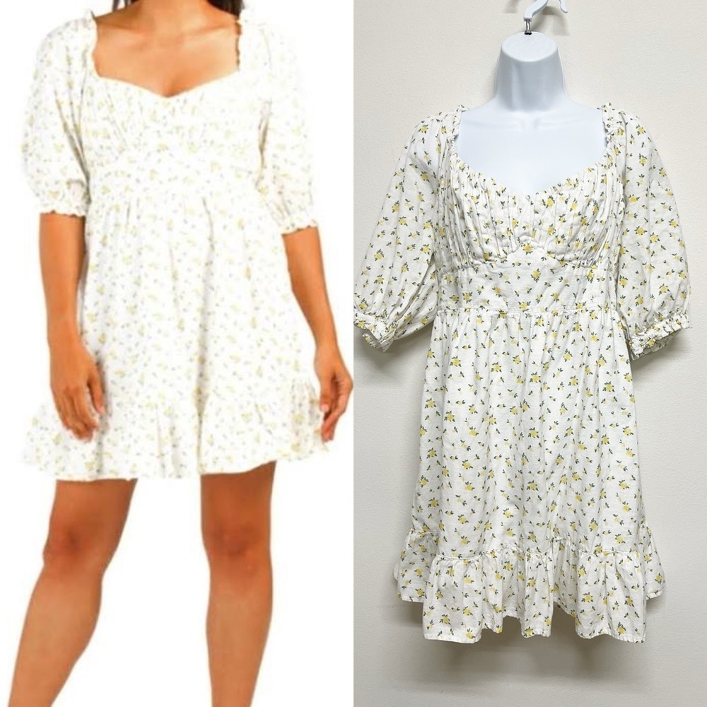 Rahi Womens Yellow Floral Sweetheart Neckline Midi Puff Sleeve Dress Size XL